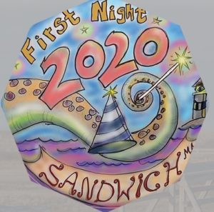 First Night Sandwich 2020 button design with party hat lighthouse and sea urchin in the drawing