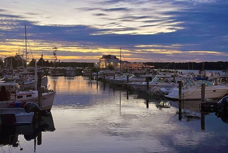 Marina with multiple docked boats at sunset