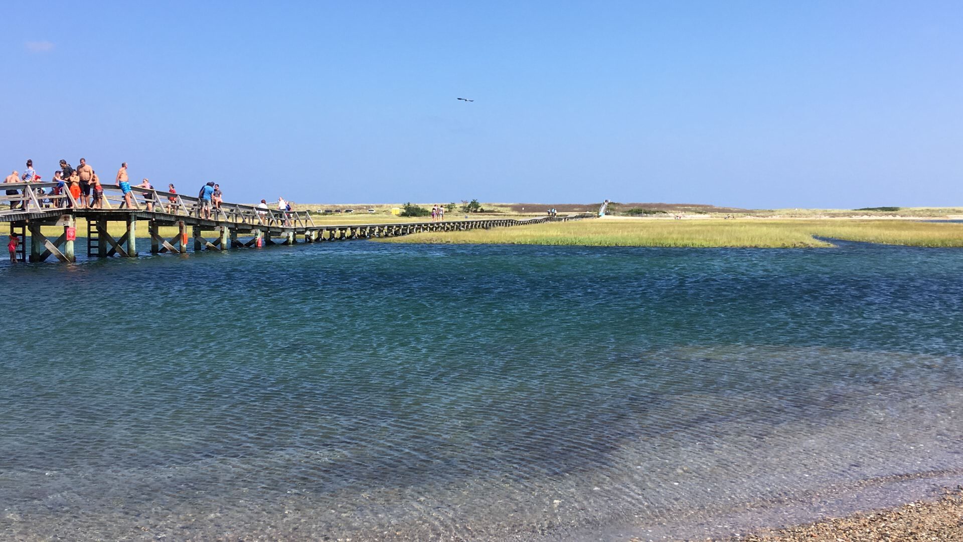 Wooden pier over small body of water with light waves