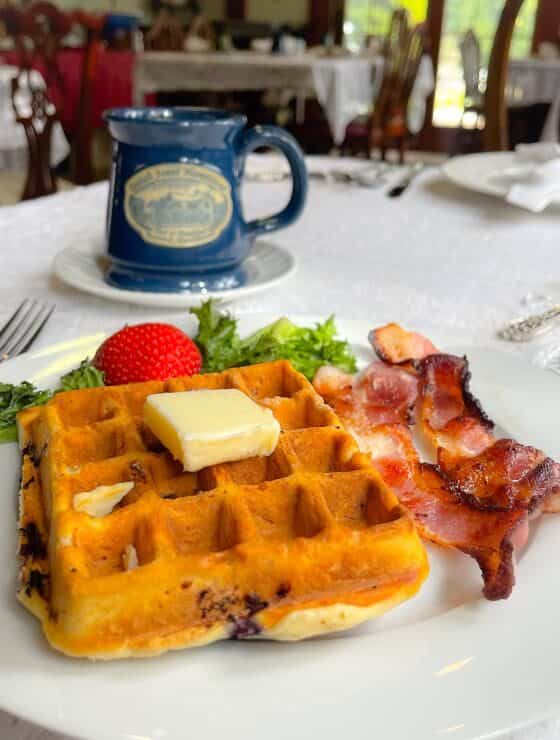 Close up view of waffle and backon on white plate